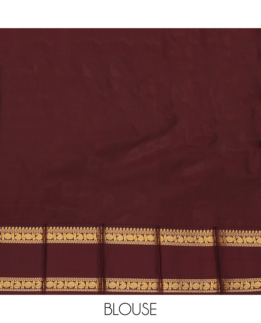 Orange Budget Silk Saree, Detailed with Zari Buttas, Complemented by a Contrast Traditional Zari Rettai Pettu Border, Grand Pallu, and Contrast Blouse