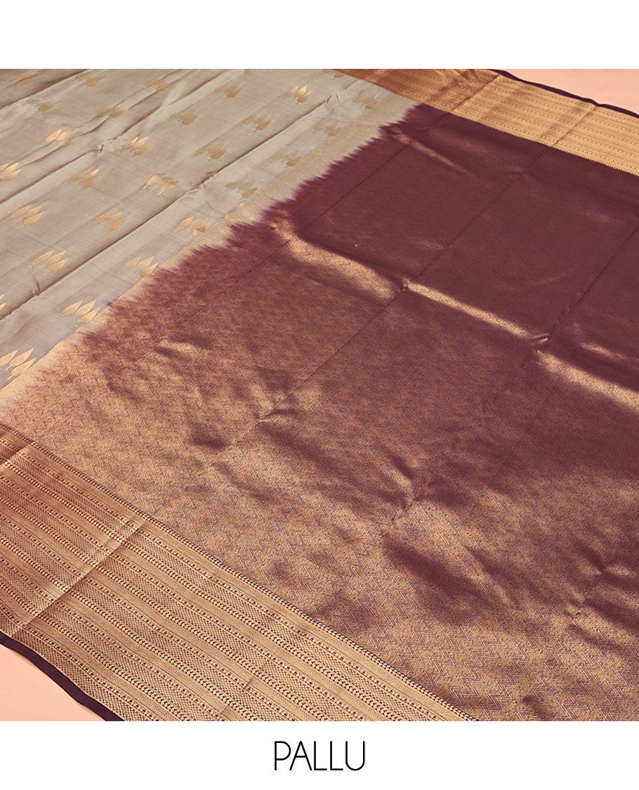 Grey Vasundhara Lite Silk Mix Saree, Featuring Zari Buttas All Over Its Body, Complemented by Contrast Border of Manga, Kathir, and Vanki Designs, Chevron Design Pallu, and Paired with a Contrast Blouse