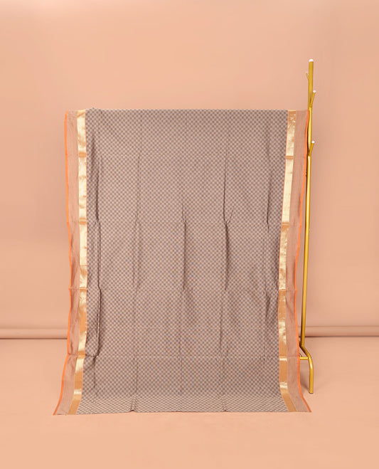 Grey Checked Poly Cotton Saree, Complemented by a Contrast Zari Border, Contrast Striped Pallu, and Paired with a Contrast Blouse