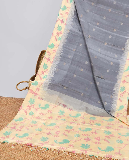 Grey floral buttas soft silk saree with contrast floral border & ikkat style floral design pallu