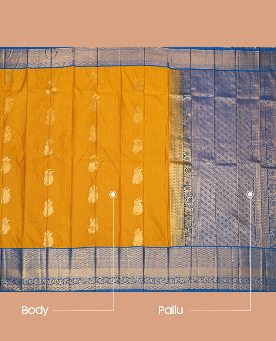 Yellow Budget Silk Saree, Sparsely Sparkled with Zari Buttas, Complemented by a Contrast Traditional Border, Grand Pallu, and a Contrast Blouse