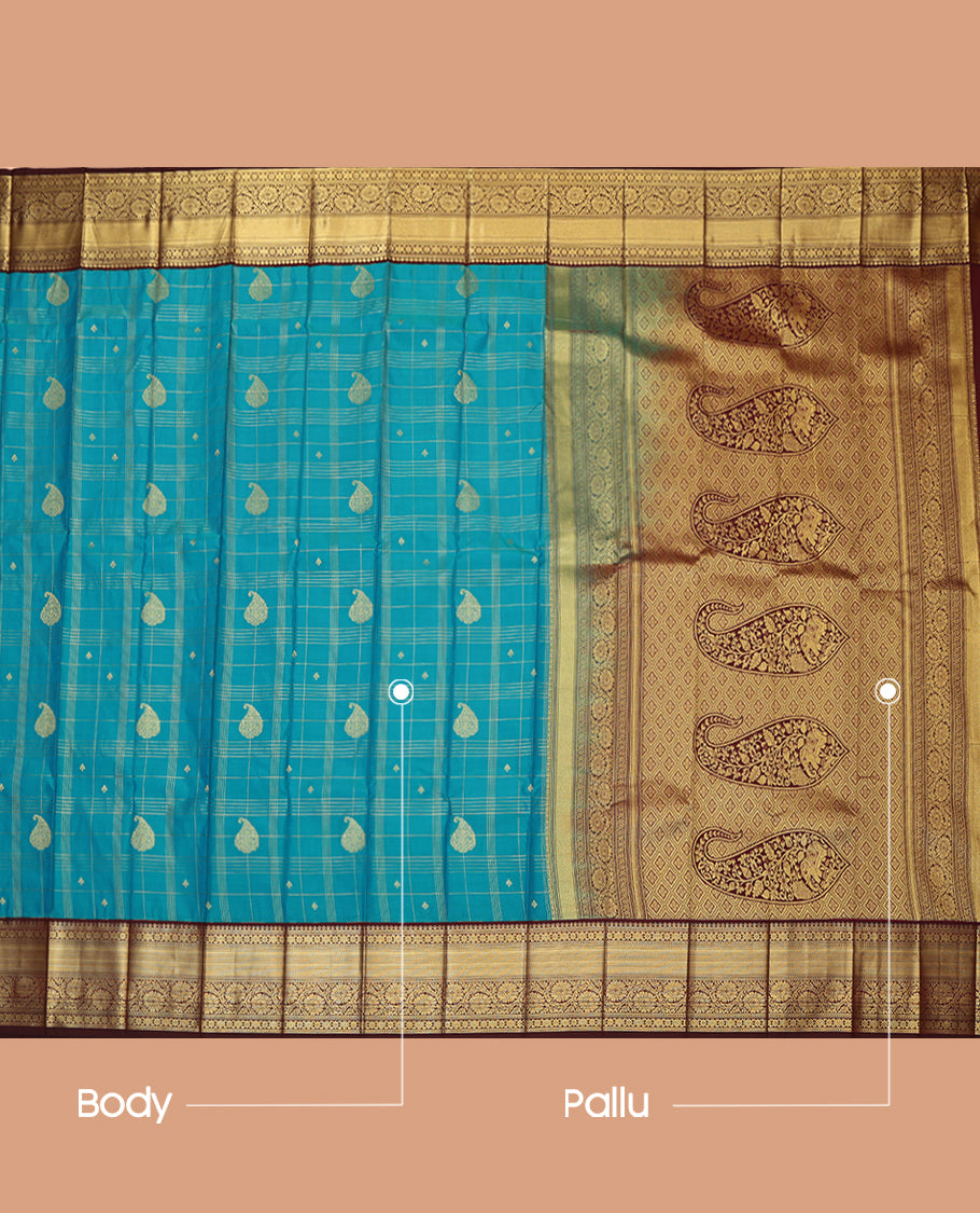 Blue Budget Silk Saree, Graced with Zari Buttas and Checks, Complemented by a Contrast Traditional Zari Border, Grand Pallu, and Contrast Blouse