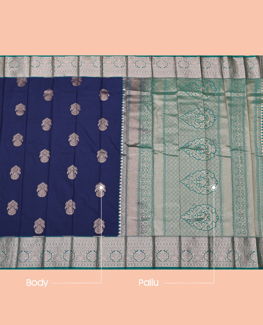 Navy Blue Budget Silk Saree, Decorated with Zari Buttas All Over Its Body, Complemented by a Contrast Traditional Zari Design Rettai Pettu Border, Intricate Pallu, and Paired with a Contrast Blouse