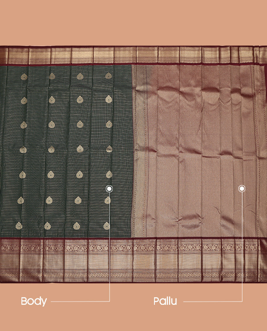 Dark Green Budget Silk Saree, Spotlighted with Zari Butta Enclosed Checks on Its Body, Complemented by a Contrast Traditional Zari Design Border, Grand Pallu, and Paired with a Contrast Blouse