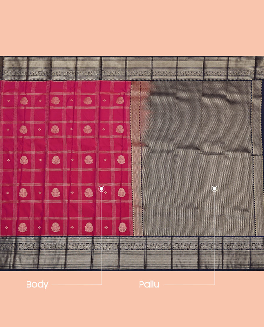 Magenta Budget Silk Saree, Richly Detailed with Zari Butta Enclosed Checks on Its Body, Complemented by a Contrast Traditional Zari Design Border, Jaal Pallu, and Paired with a Contrast Blouse
