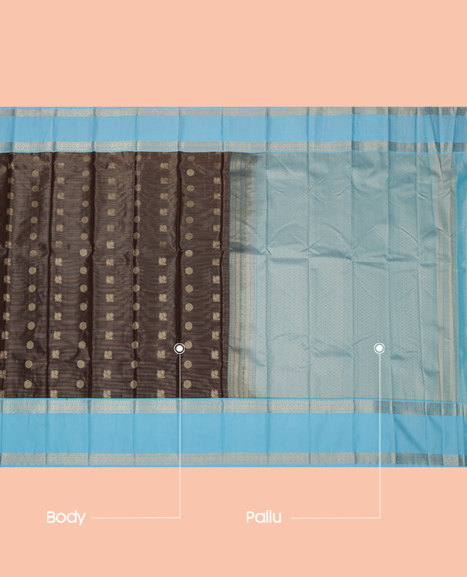 Brown Budget Silk Saree, Crafted with Peacock-Chakram Buttas and Stripes, a Contrast Traditional Zari Rettai Pettu Border, Grand Pallu, and a Contrast Blouse
