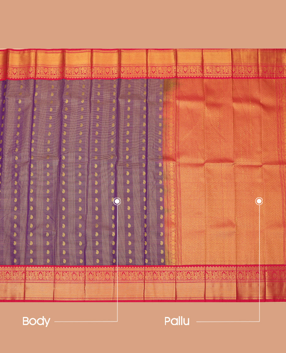 Violet Budget Silk Saree, Beautified with Zari Buttas and Stripes, a Contrast Traditional Zari Border, Grand Pallu, and a Contrast Blouse