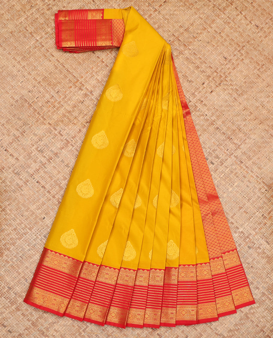 Mustard Budget Silk Saree, Elevated with Zari Buttas, Complemented by a Contrast Traditional Zari Border, Grand Jaal Pallu, and Contrast Blouse