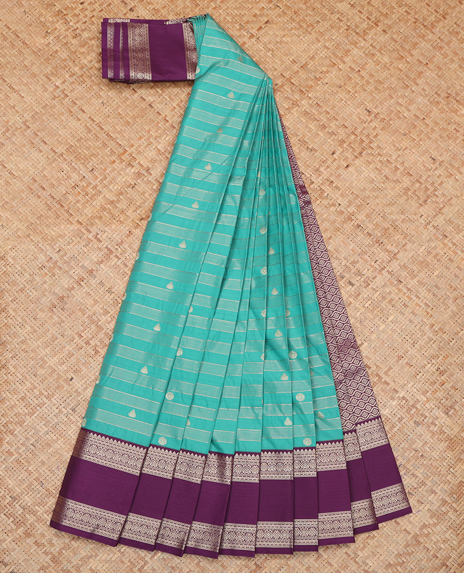 Blue Budget Silk Saree, Woven with Zari Buttas and Stripes, a Contrast Traditional Zari Rettai Pettu Border, Grand Pallu, and a Contrast Blouse