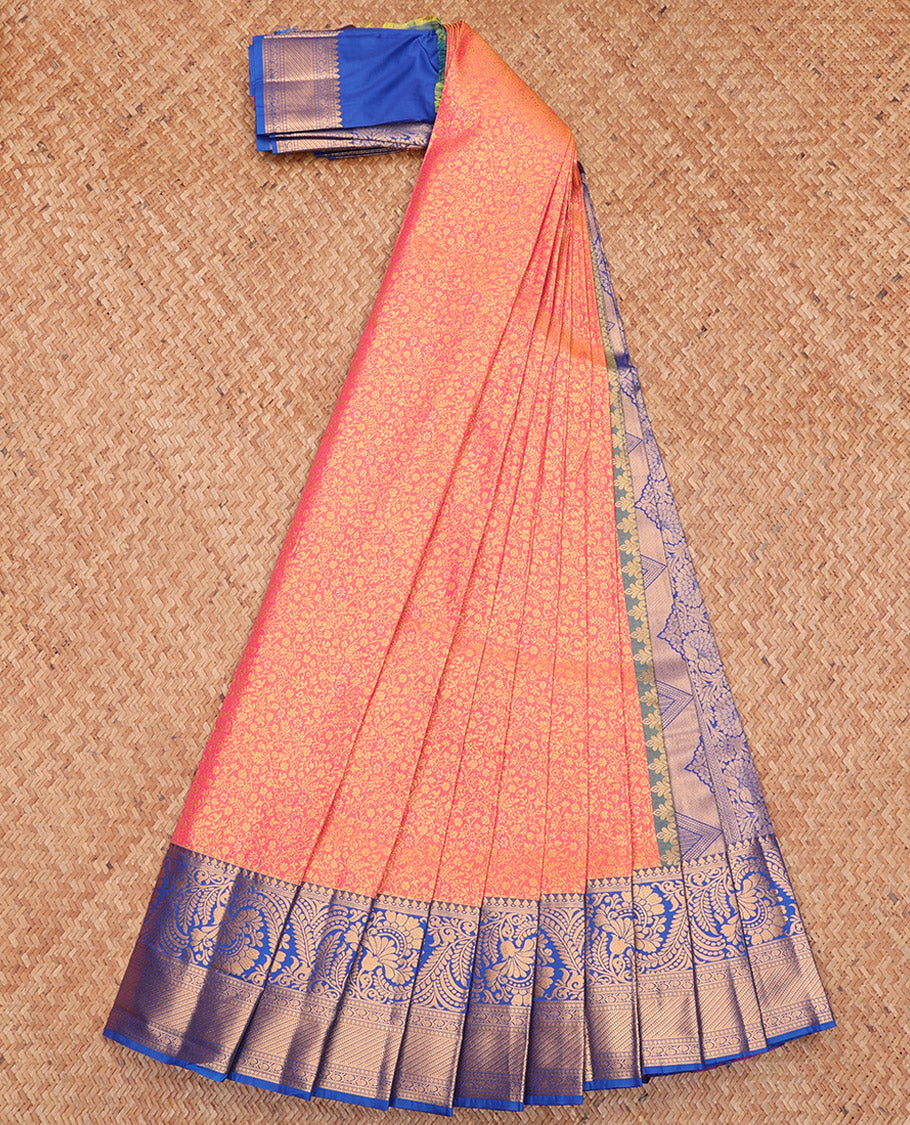 Peach Budget Silk Saree, Embellished with Jacquard Design, Complemented by a Contrast Traditional Zari Border, Grand Pallu, and Contrast Blouse