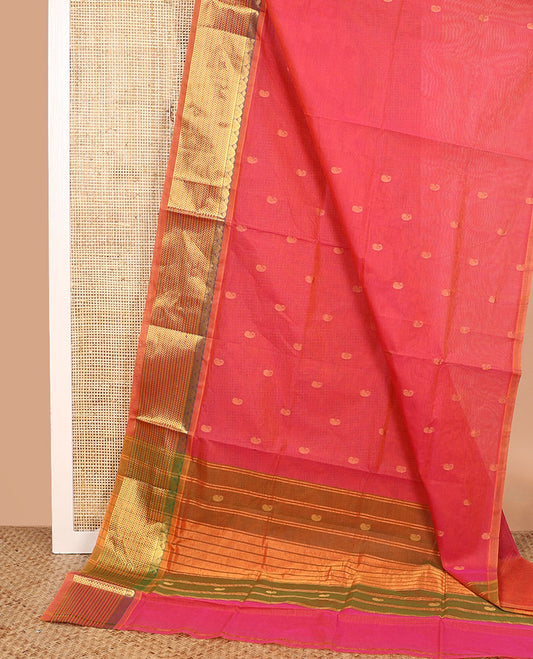 Pink zari buttas Venkatagiri cotton saree, contrast traditional zari border, and zari striped pallu