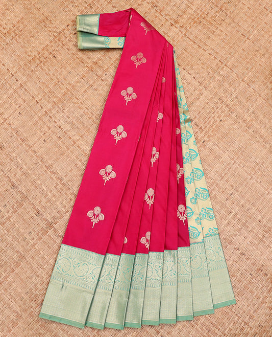 Red Budget Silk Saree, Beautified with Floral Buttas All Over Its Body, Complemented by a Contrast Traditional Zari Design Border, Pallu Steeped with Floral Designs, and Paired with a Contrast Blouse