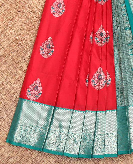 Red Budget Silk Saree, Decked Up with Zari Buttas on Its Body, Complemented by a Contrast Traditional Zari Design Border, Pallu of Jaal Designs, and Paired with a Contrast Blouse