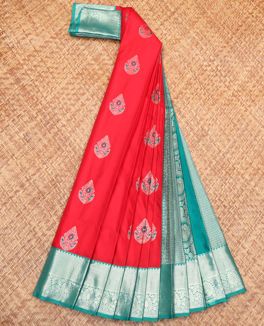 Red Budget Silk Saree, Decked Up with Zari Buttas on Its Body, Complemented by a Contrast Traditional Zari Design Border, Pallu of Jaal Designs, and Paired with a Contrast Blouse