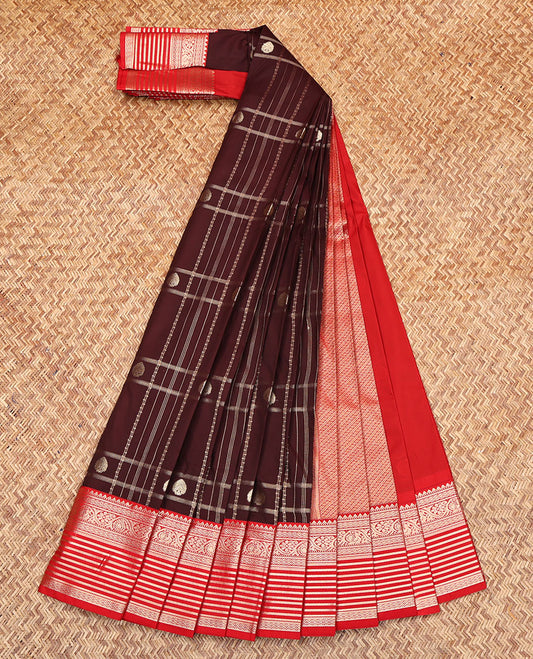 Brown Budget Silk Saree, Majestically Detailed with Zari Buttas and Checks on Its Body, Complemented by a Contrast Traditional Zari Design Border, Grand Pallu of Diagonal Stripes, and Paired with a Contrast Blouse