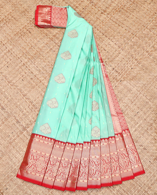 Turquoise Budget Silk Saree, Enlivened with Zari Buttas on Its Body, Complemented by a Contrast Traditional Zari Design Border, Grand Jaal Pallu, and Paired with a Contrast Blouse