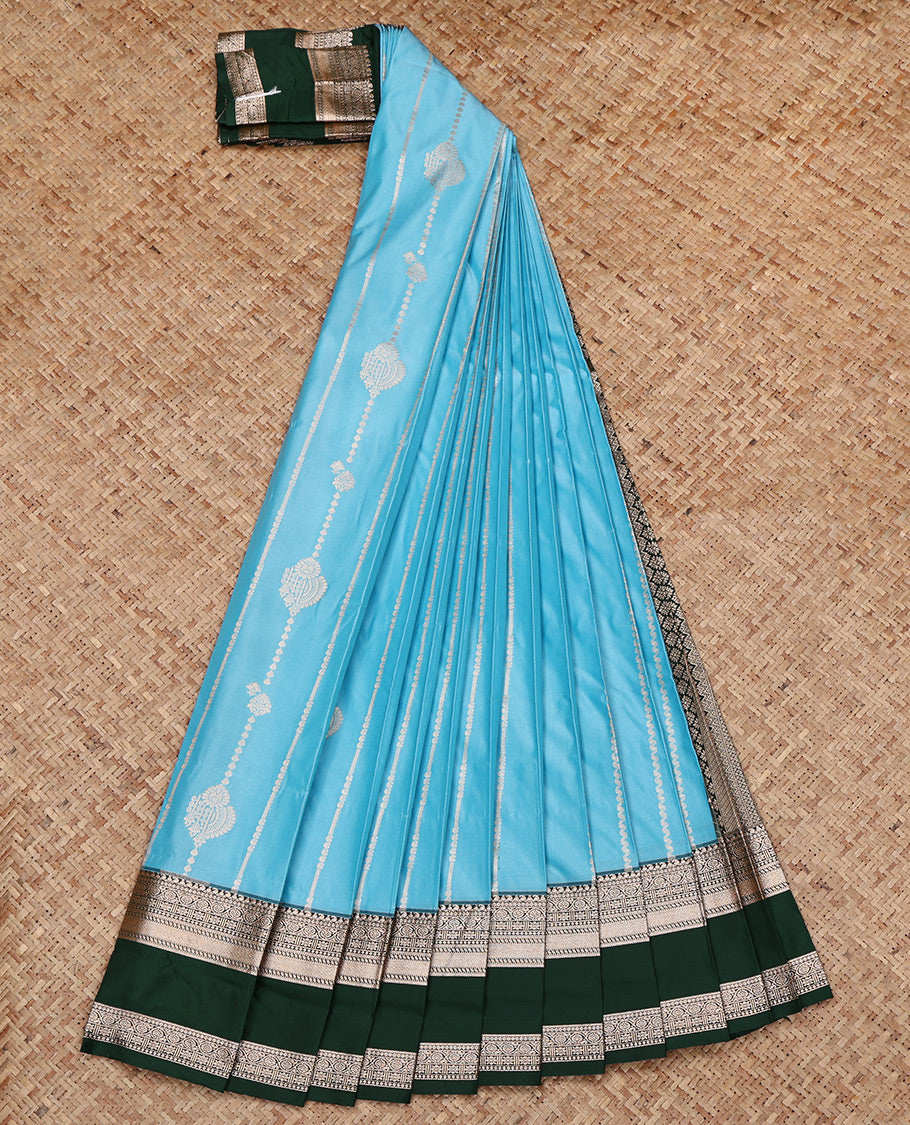 Sky Blue Budget Silk Saree, Beautified with Zari Designs All Over Its Body, Complemented by a Contrast Traditional Zari Design Rettai Pettu Border, Intricate Pallu, and Paired with a Contrast Blouse