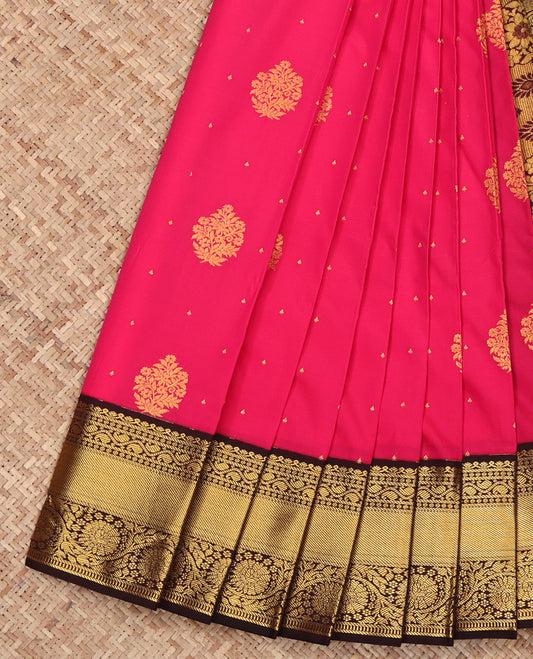 Pink Budget Silk Saree, Prettified with Zari Buttas on Its Body, Complemented by a Contrast Traditional Zari Design Border, Intricately Designed Pallu, and Paired with a Contrast Blouse