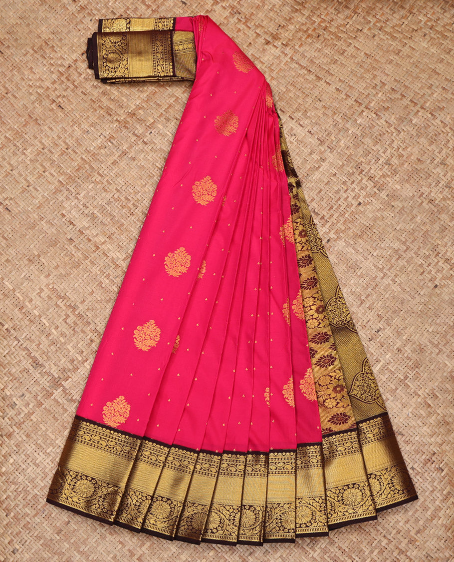 Pink Budget Silk Saree, Prettified with Zari Buttas on Its Body, Complemented by a Contrast Traditional Zari Design Border, Intricately Designed Pallu, and Paired with a Contrast Blouse