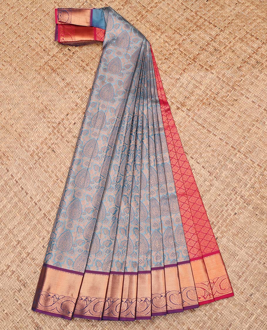 Blue Budget Silk Saree, Elevated with Jacquard Design, Complemented by a Contrast Floral Creeper Zari Border, Grand Jaal Pallu, and a Contrast Blouse