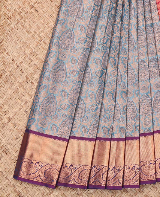 Blue Budget Silk Saree, Elevated with Jacquard Design, Complemented by a Contrast Floral Creeper Zari Border, Grand Jaal Pallu, and a Contrast Blouse