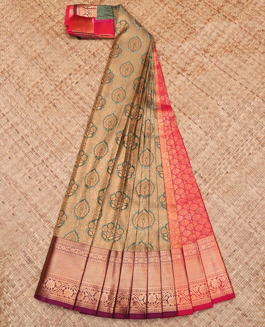 Green Budget Silk Saree, Embellished with Jacquard Design, Complemented by a Contrast Traditional Zari Border, Grand Pallu, and Contrast Blouse