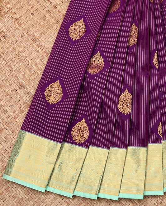 Purple Budget Silk Saree, Embellished with Zari Buttas and Stripes, Complemented by a Contrast Traditional Zari Border, Grand Pallu, and Contrast Blouse