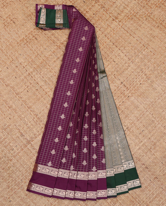 Purple Budget Silk Saree, Detailed with Zari Buttas and Checks, Highlighted by Traditional Zari Rettai Pettu Border, Contrast Grand Pallu, and a Contrast Blouse