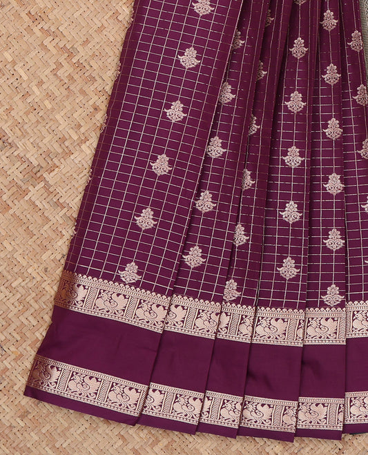 Purple Budget Silk Saree, Detailed with Zari Buttas and Checks, Highlighted by Traditional Zari Rettai Pettu Border, Contrast Grand Pallu, and a Contrast Blouse