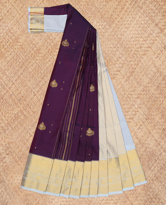 Purple Budget Silk Saree, Elevated with Zari Buttas and Stripes, a Contrast Traditional Zari Border, Grand Pallu, and a Contrast Blouse