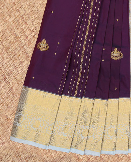 Purple Budget Silk Saree, Elevated with Zari Buttas and Stripes, a Contrast Traditional Zari Border, Grand Pallu, and a Contrast Blouse