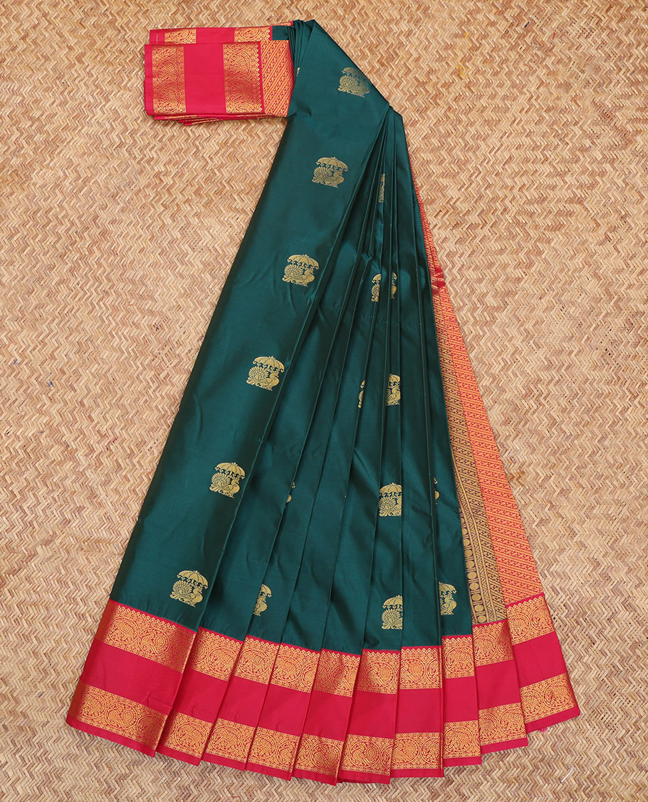 Blue Budget Silk Saree, Woven with Peacock Buttas, a Contrast Traditional Zari Border, Grand Pallu, and a Contrast Blouse