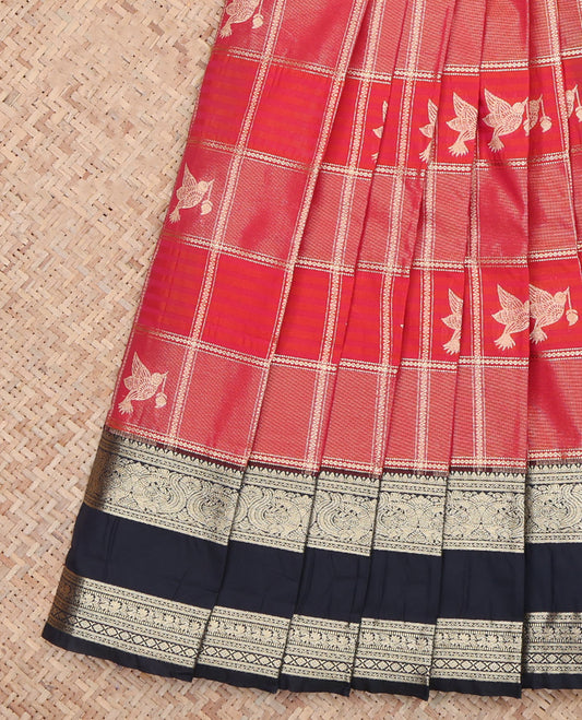 Red Checks Contrast Budget Silk Saree