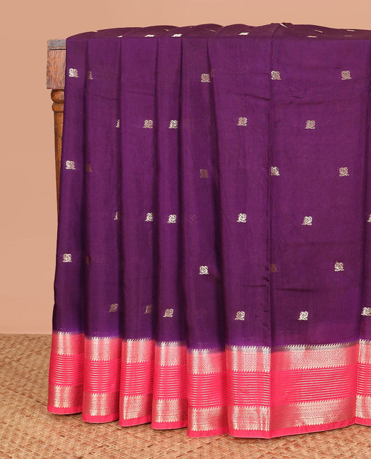 Purple peacock buttas assam silk saree, contrast traditional zari border, and pallu of zari design