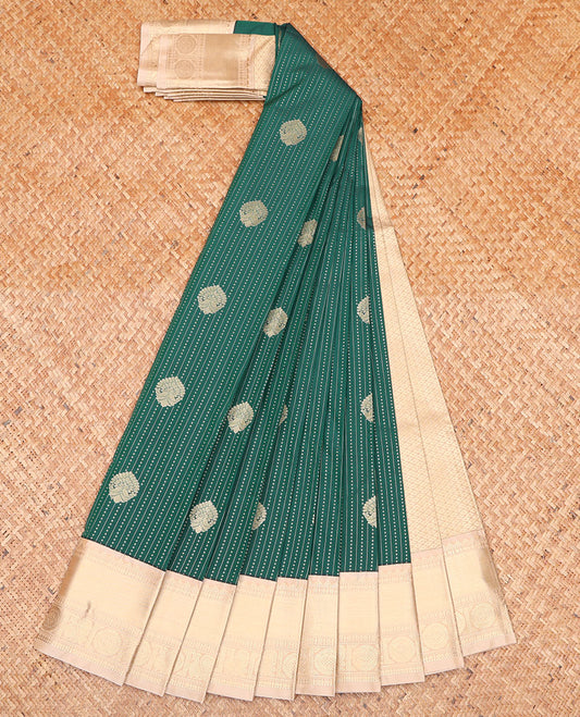 Green Budget Silk Saree, Steeped with Zari Buttas All Over Its Body, Complemented by Captivating Contrast Border of Traditional Zari Designs, Grand Jaal Pallu and Paired with a Contrast Blouse