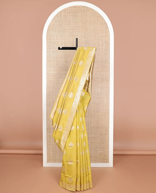 Mustard flower motifs butter silk saree with self zari design border & floral design pallu