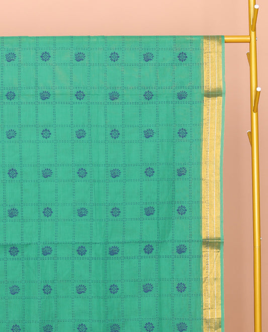 Green Venkatagiri Cotton Saree, Adorned with Butta Enclosed Checks, a Traditional Zari Border, a Floral-Print Pallu, and No Blouse
