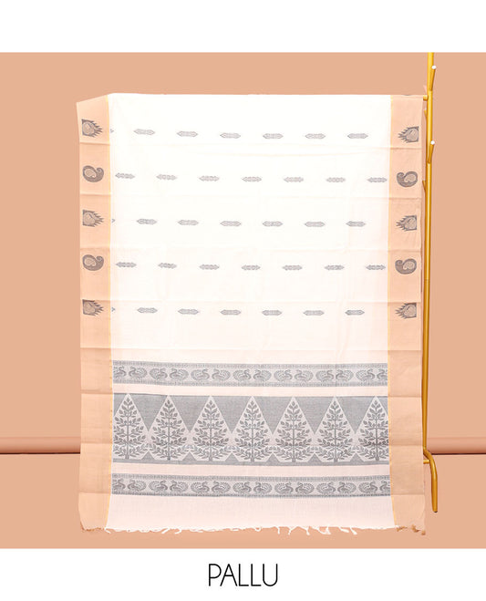 Cream Kanchi Cotton Saree, Bedecked with Buttas, Complemented by a Contrast Paisley-Temple Border, Intricate Pallu, and a Matching Blouse