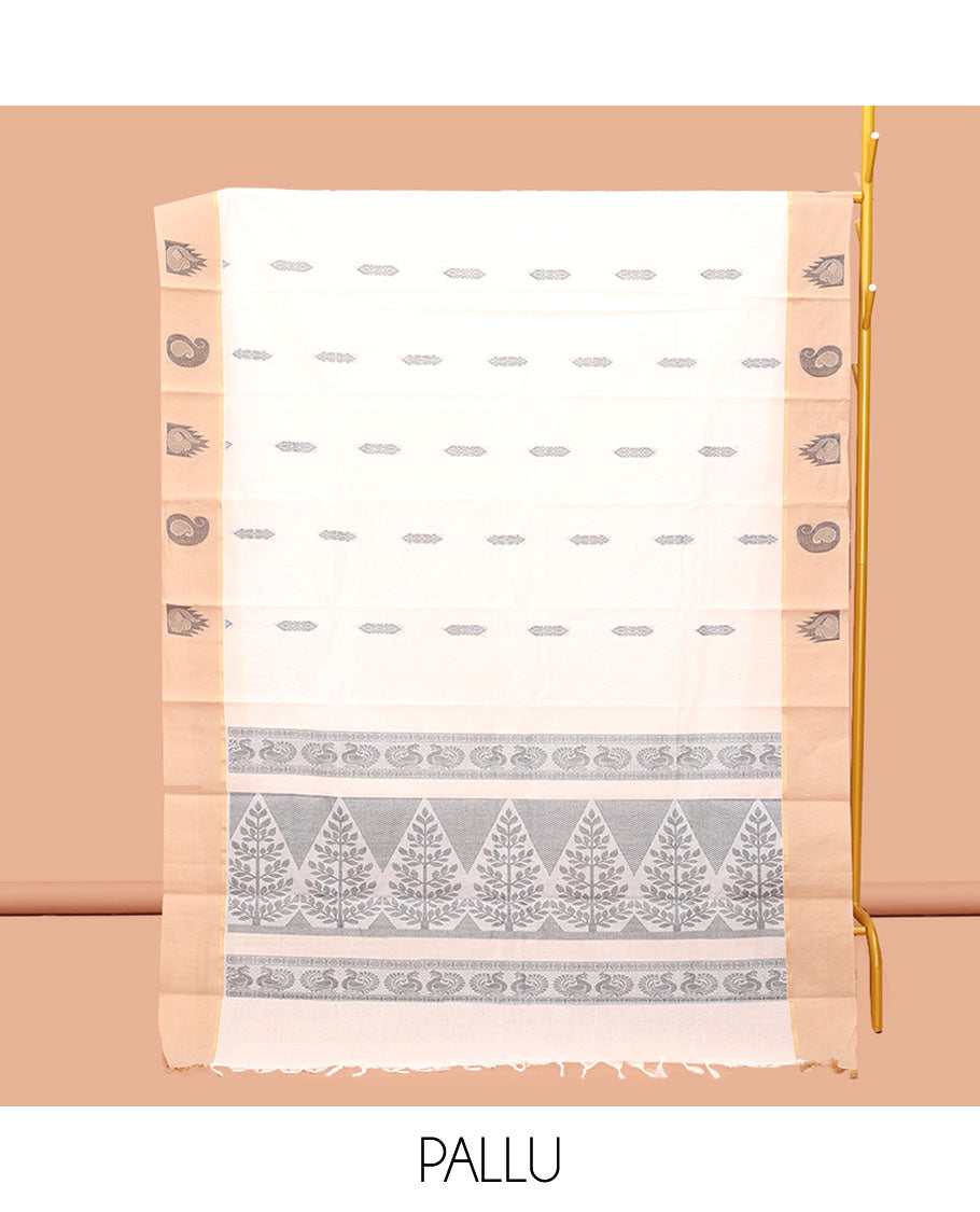 Cream Kanchi Cotton Saree, Bedecked with Buttas, Complemented by a Contrast Paisley-Temple Border, Intricate Pallu, and a Matching Blouse