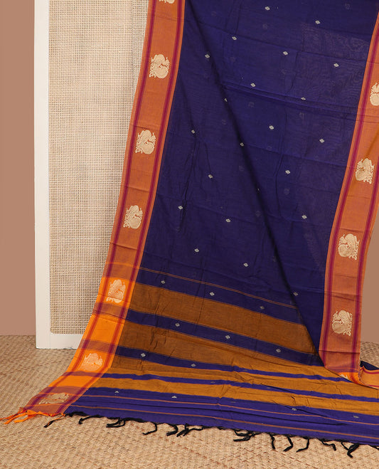 Navy blue buttas Narayanpet cotton saree, contrast peacock design border & striped pallu