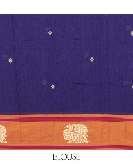 Navy blue buttas Narayanpet cotton saree, contrast peacock design border & striped pallu