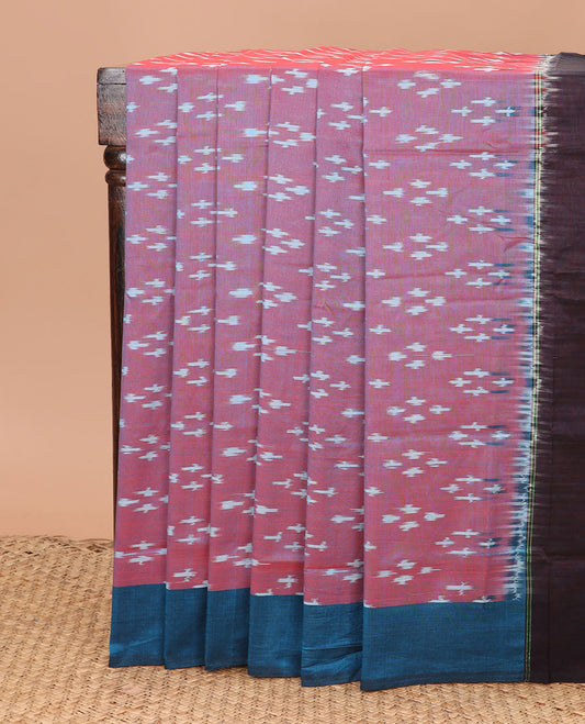 Pink Ikkat Cotton Saree Embellished with Ikkat Buttas, Complemented by a Contrast Ikkat Design Border, and Pallu of Geometric Ikkat Patterns