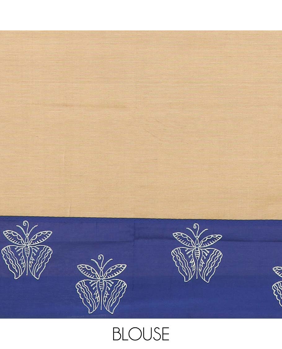 Blue unique printed poly cotton saree, contrast elephant print border, and pallu steeped with elephant motifs
