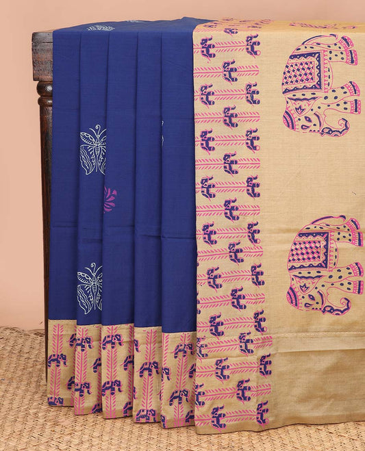 Blue unique printed poly cotton saree, contrast elephant print border, and pallu steeped with elephant motifs