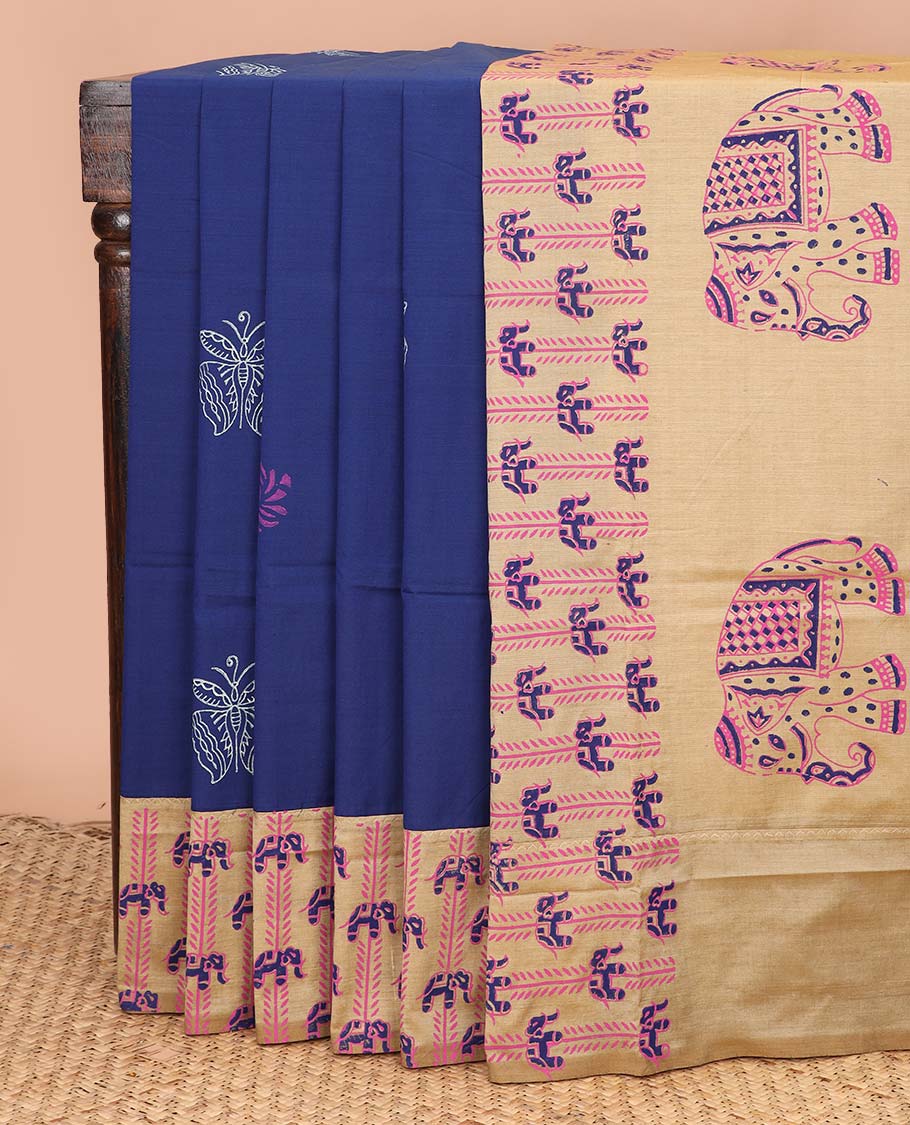 Blue unique printed poly cotton saree, contrast elephant print border, and pallu steeped with elephant motifs