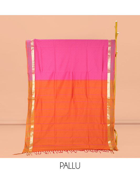 Candy Pink Checked Poly Cotton Saree, Complemented by a Contrast Zari Border, Contrast Striped Pallu, and Paired with a Contrast Blouse
