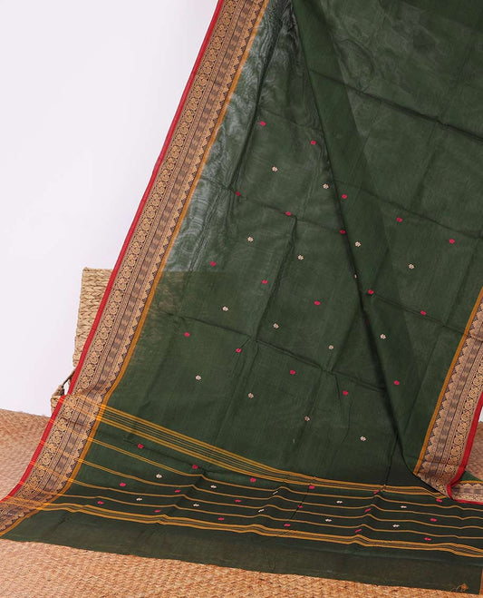 Green buttas Chettinad cotton saree, contrast temple zari design border & pallu stripes