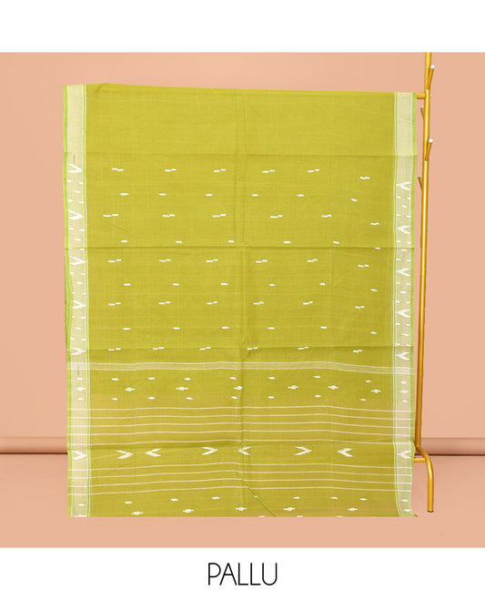 Leaf Green Bengal Cotton Saree Features Thread Buttas, a Subtle Border, a Pallu of Stripes and Buttas, and a Matching Blouse