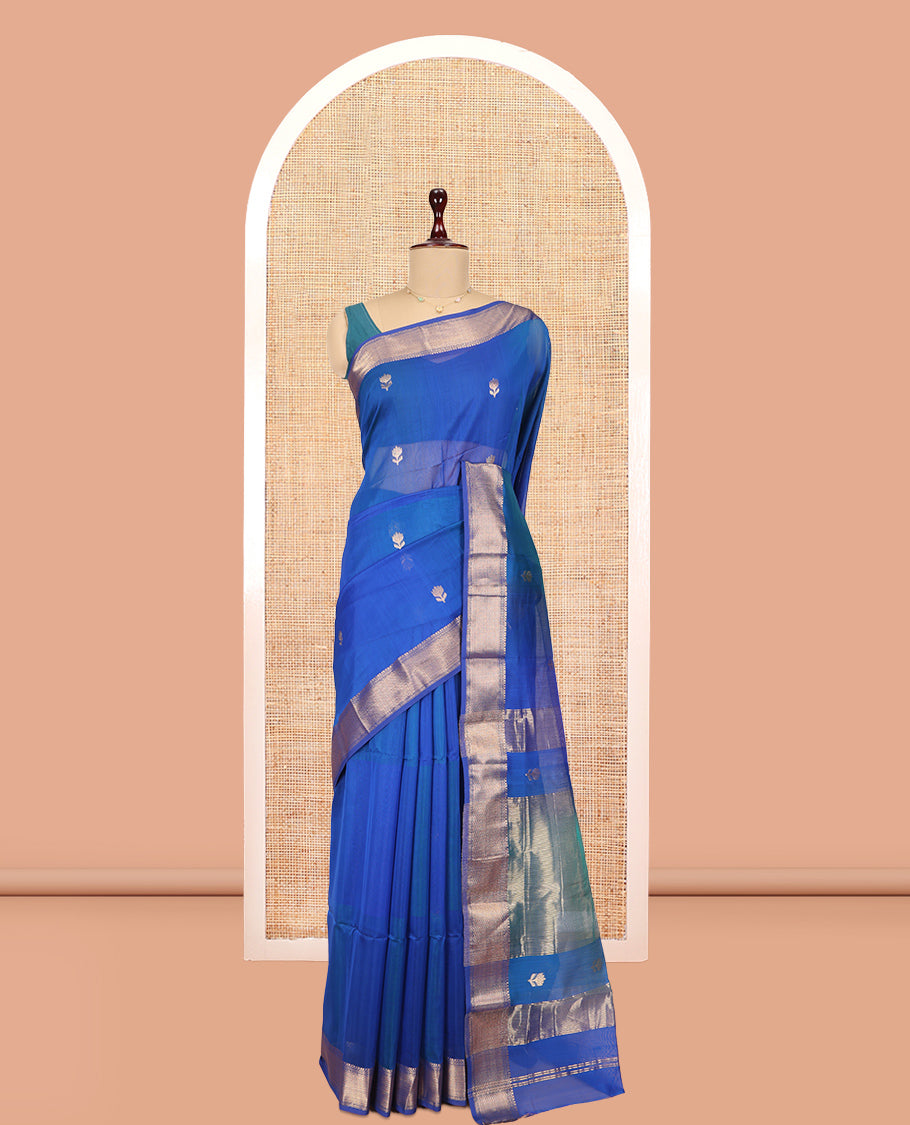 M.s Blue Maheshwari Cotton Saree, Detailed with Floral Zari Buttas, a Zari Chevron Striped Border, Zari Striped Pallu, and a Matching Blouse