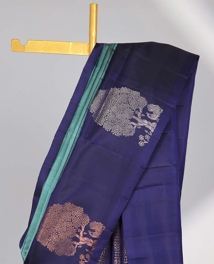 Blue striped soft silk saree with contrast tree buttas border & floral zari design pallu